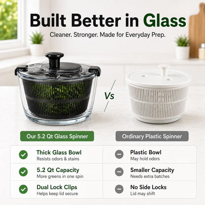 Large 5.2 Qt Glass Salad Spinner with Drain, Green | Microwave- and Dishwasher-Safe Glass Bowl, Transparent Lid, Crank Handle, Quick-Spin Salad Cleaner for Lettuce, Herbs & Fruit