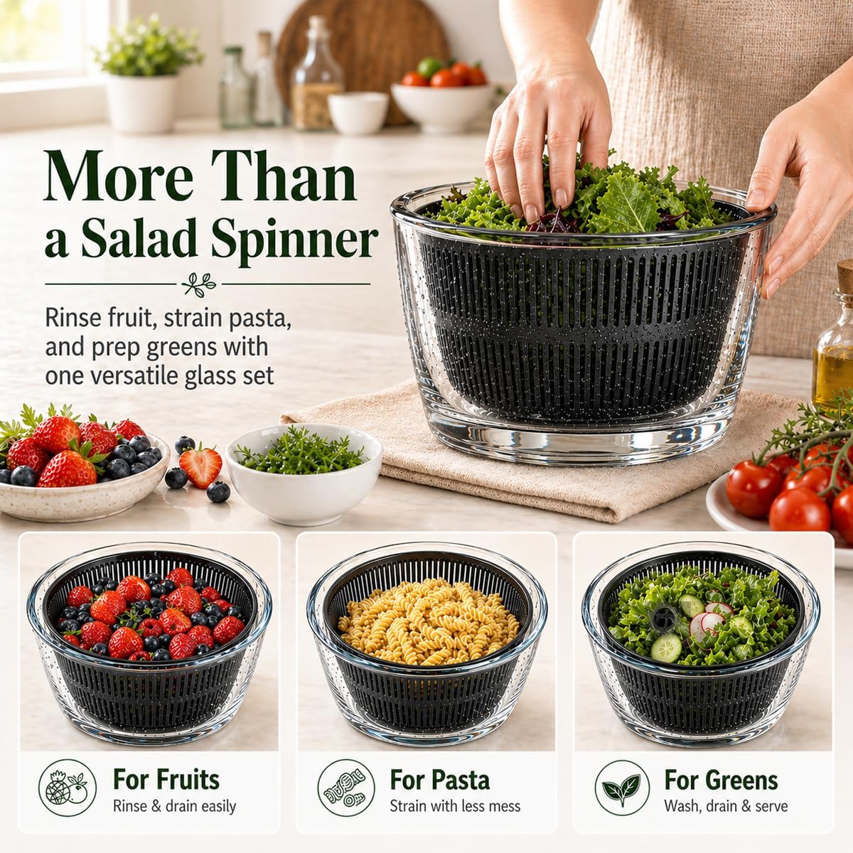 Large 5.2 Qt Glass Salad Spinner with Drain, Green | Microwave- and Dishwasher-Safe Glass Bowl, Transparent Lid, Crank Handle, Quick-Spin Salad Cleaner for Lettuce, Herbs & Fruit