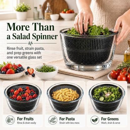 Large 5.2 Qt Glass Salad Spinner with Drain, Green | Microwave- and Dishwasher-Safe Glass Bowl, Transparent Lid, Crank Handle, Quick-Spin Salad Cleaner for Lettuce, Herbs & Fruit