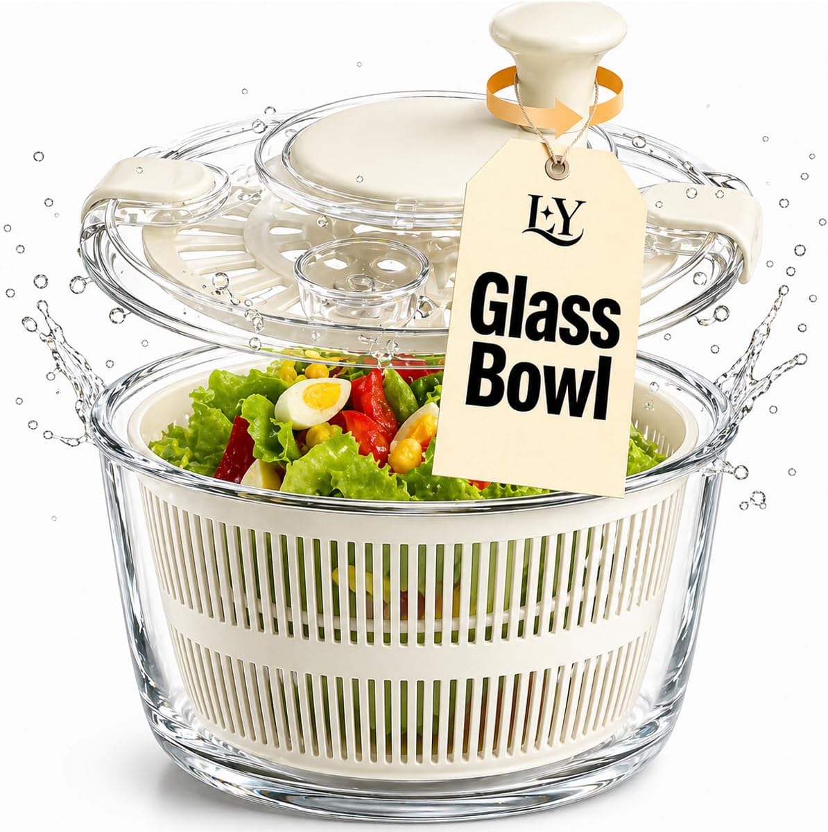 Large 5.2 Qt Glass Salad Spinner with Drain, Green | Microwave- and Dishwasher-Safe Glass Bowl, Transparent Lid, Crank Handle, Quick-Spin Salad Cleaner for Lettuce, Herbs & Fruit