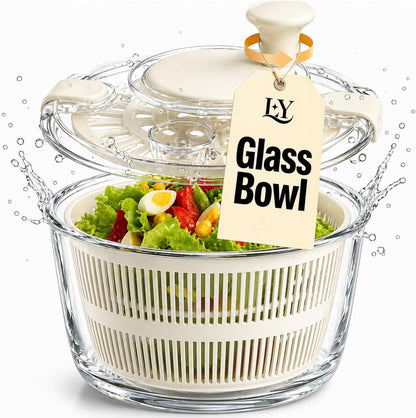 Large 5.2 Qt Glass Salad Spinner with Drain, Green | Microwave- and Dishwasher-Safe Glass Bowl, Transparent Lid, Crank Handle, Quick-Spin Salad Cleaner for Lettuce, Herbs & Fruit