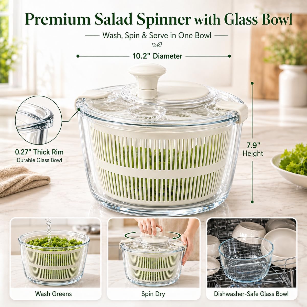 Large 5.2 Qt Glass Salad Spinner with Drain, Green | Microwave- and Dishwasher-Safe Glass Bowl, Transparent Lid, Crank Handle, Quick-Spin Salad Cleaner for Lettuce, Herbs & Fruit