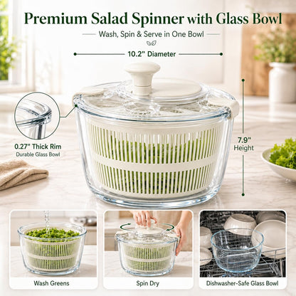 Large 5.2 Qt Glass Salad Spinner with Drain, Green | Microwave- and Dishwasher-Safe Glass Bowl, Transparent Lid, Crank Handle, Quick-Spin Salad Cleaner for Lettuce, Herbs & Fruit
