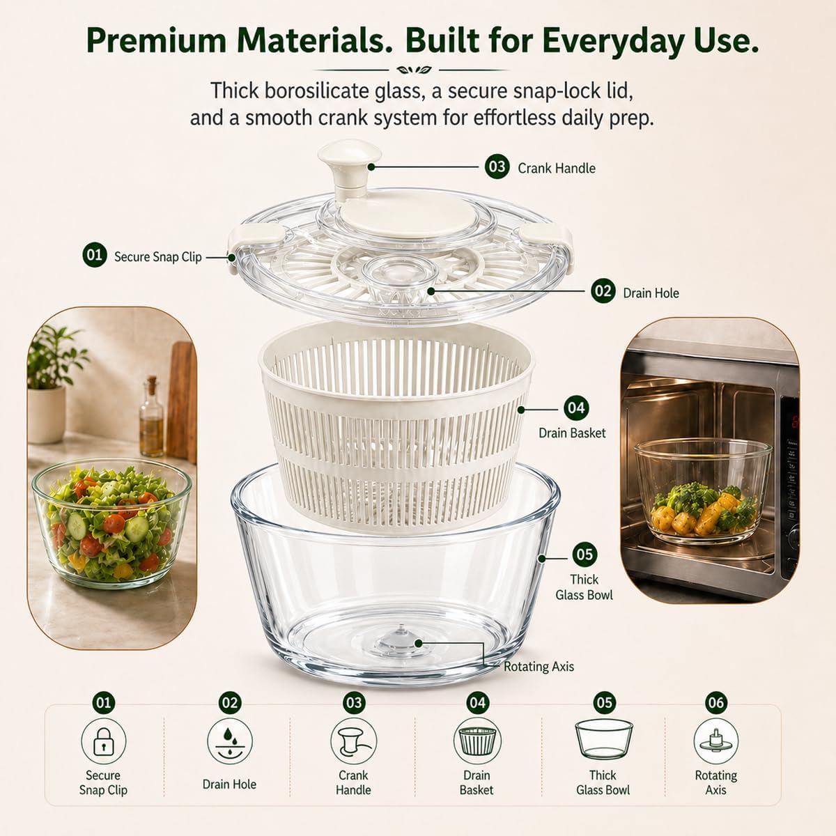 Large 5.2 Qt Glass Salad Spinner with Drain, Green | Microwave- and Dishwasher-Safe Glass Bowl, Transparent Lid, Crank Handle, Quick-Spin Salad Cleaner for Lettuce, Herbs & Fruit