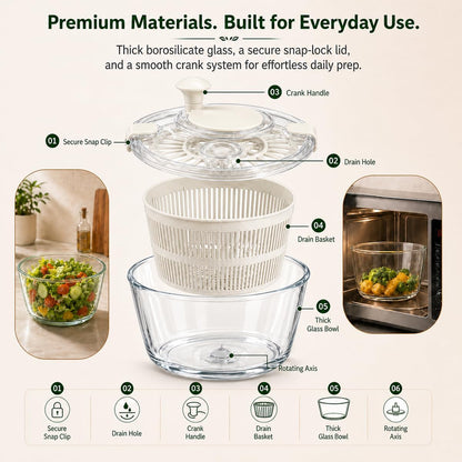 Large 5.2 Qt Glass Salad Spinner with Drain, Green | Microwave- and Dishwasher-Safe Glass Bowl, Transparent Lid, Crank Handle, Quick-Spin Salad Cleaner for Lettuce, Herbs & Fruit
