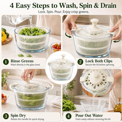 Large 5.2 Qt Glass Salad Spinner with Drain, Green | Microwave- and Dishwasher-Safe Glass Bowl, Transparent Lid, Crank Handle, Quick-Spin Salad Cleaner for Lettuce, Herbs & Fruit