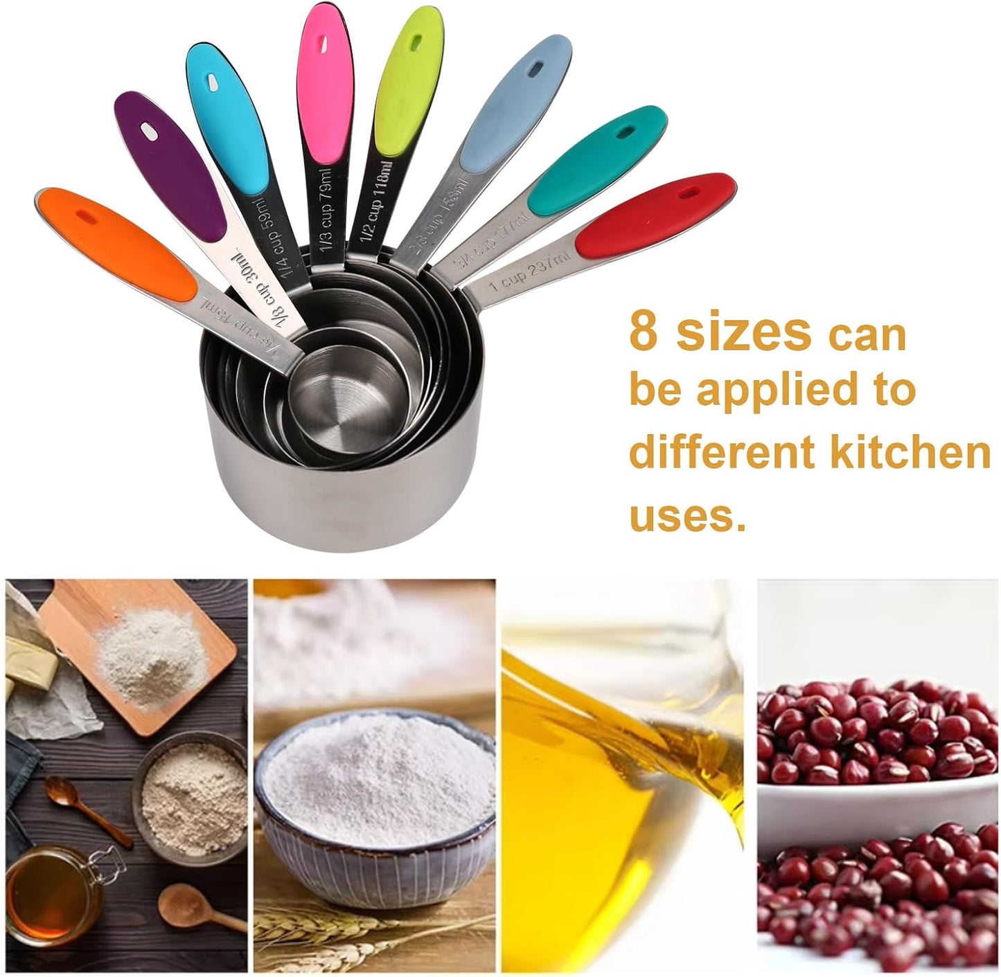 Stainless steel measuring cup set consisting of 8 cups