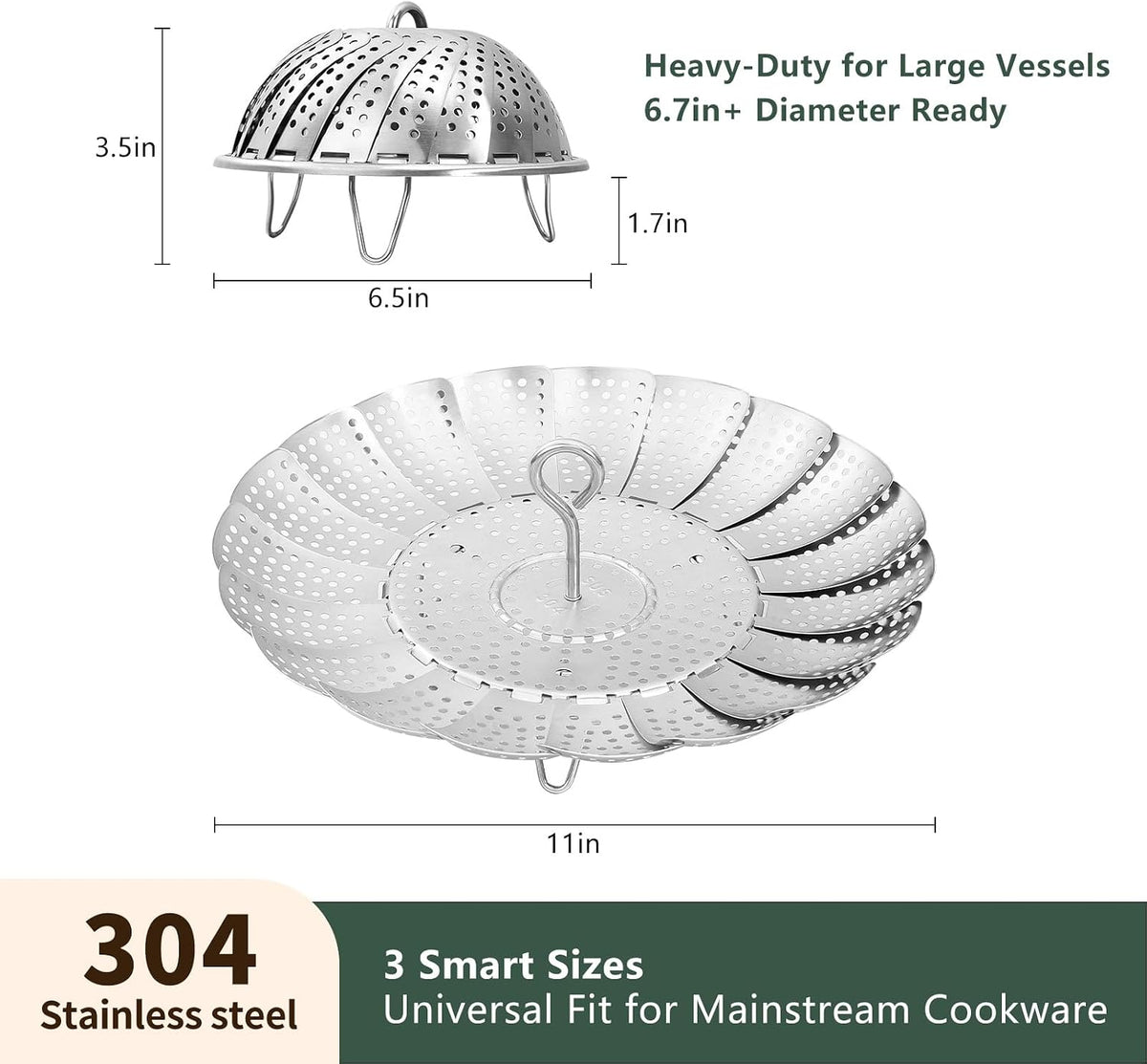 Steamer Basket for Cooking 304 Stainless Steel Entirely Thickened,Collapsible Steamer Insert for Pots, Fits Instant Pot/Skillets (5.5'' To 9.5'')