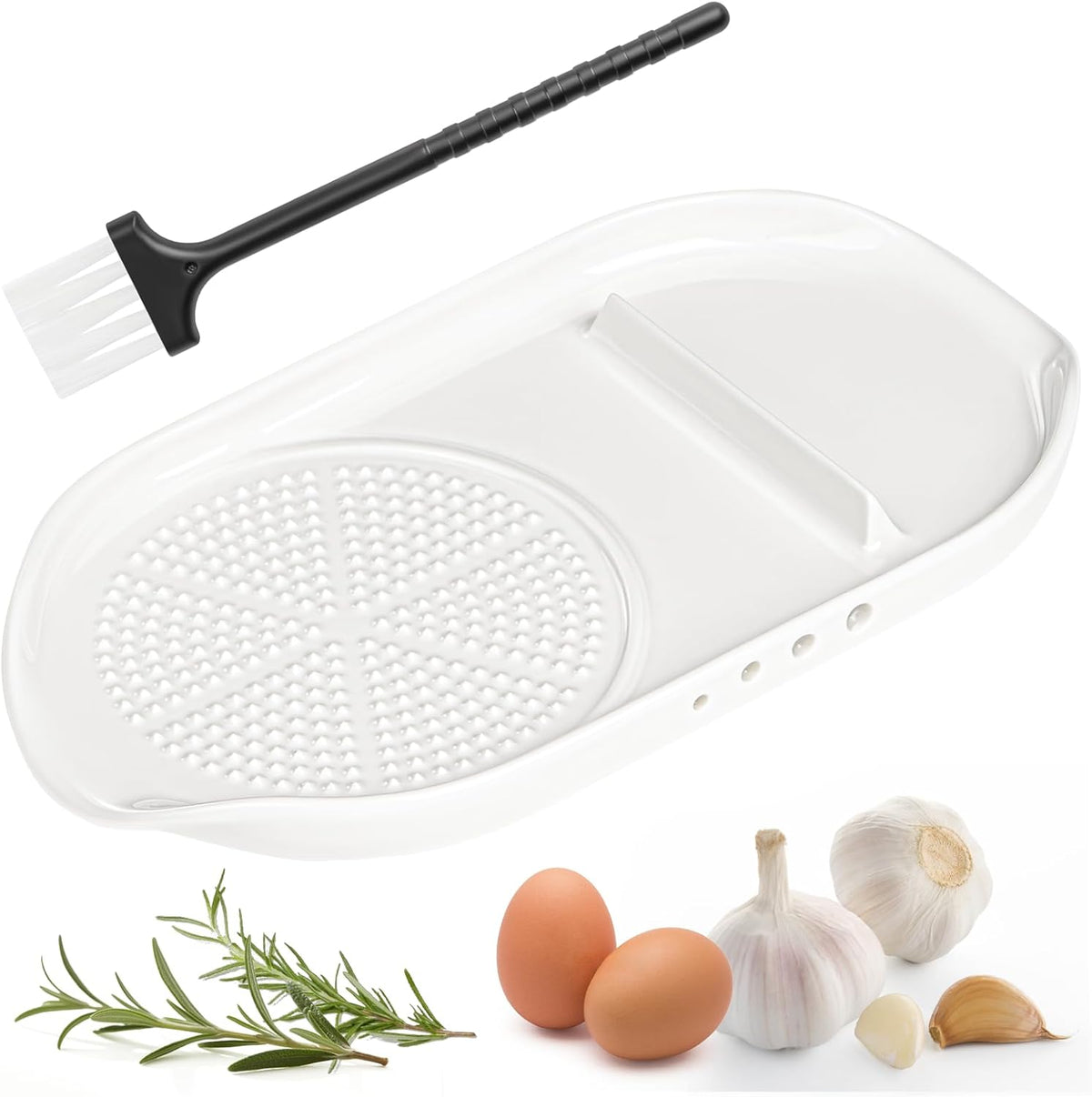 Garlic Grater Plate, 4 in 1 Ceramic Egg Cracker, Spoon Rest, Herb Stripper Bowl for Kitchen, Porcelain Garlic Ginger Grater with Brush & Silicone Pad for Grinding Wasabi, Ginger, Garlic, Cheese