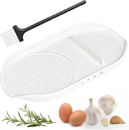 Garlic Grater Plate, 4 in 1 Ceramic Egg Cracker, Spoon Rest, Herb Stripper Bowl for Kitchen, Porcelain Garlic Ginger Grater with Brush & Silicone Pad for Grinding Wasabi, Ginger, Garlic, Cheese