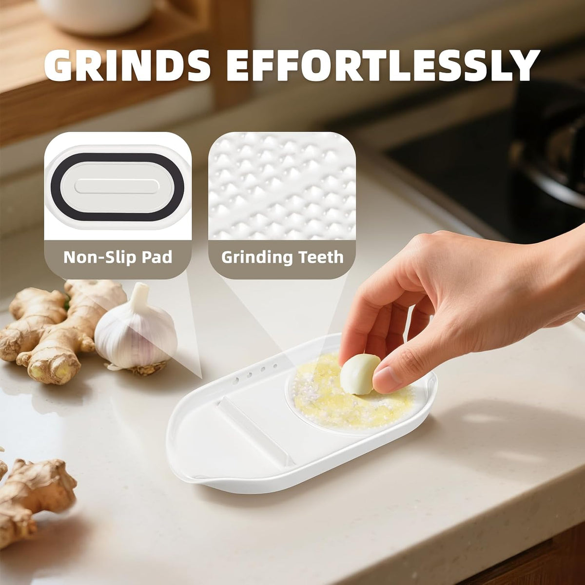 Garlic Grater Plate, 4 in 1 Ceramic Egg Cracker, Spoon Rest, Herb Stripper Bowl for Kitchen, Porcelain Garlic Ginger Grater with Brush & Silicone Pad for Grinding Wasabi, Ginger, Garlic, Cheese
