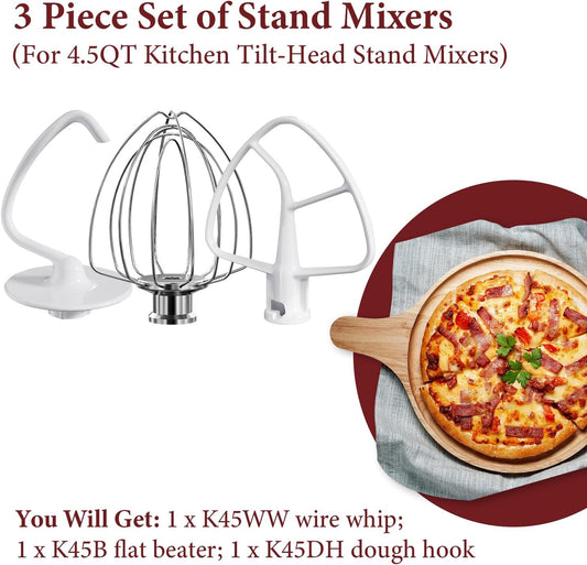 Stand Mixers Accessories 3-Piece Including K45WW Wire Whip & K45DH Dough Hook & K45B Flat Beater fit for Kitchenaid 4.5-5QT Tilt-Head Stand Mixers