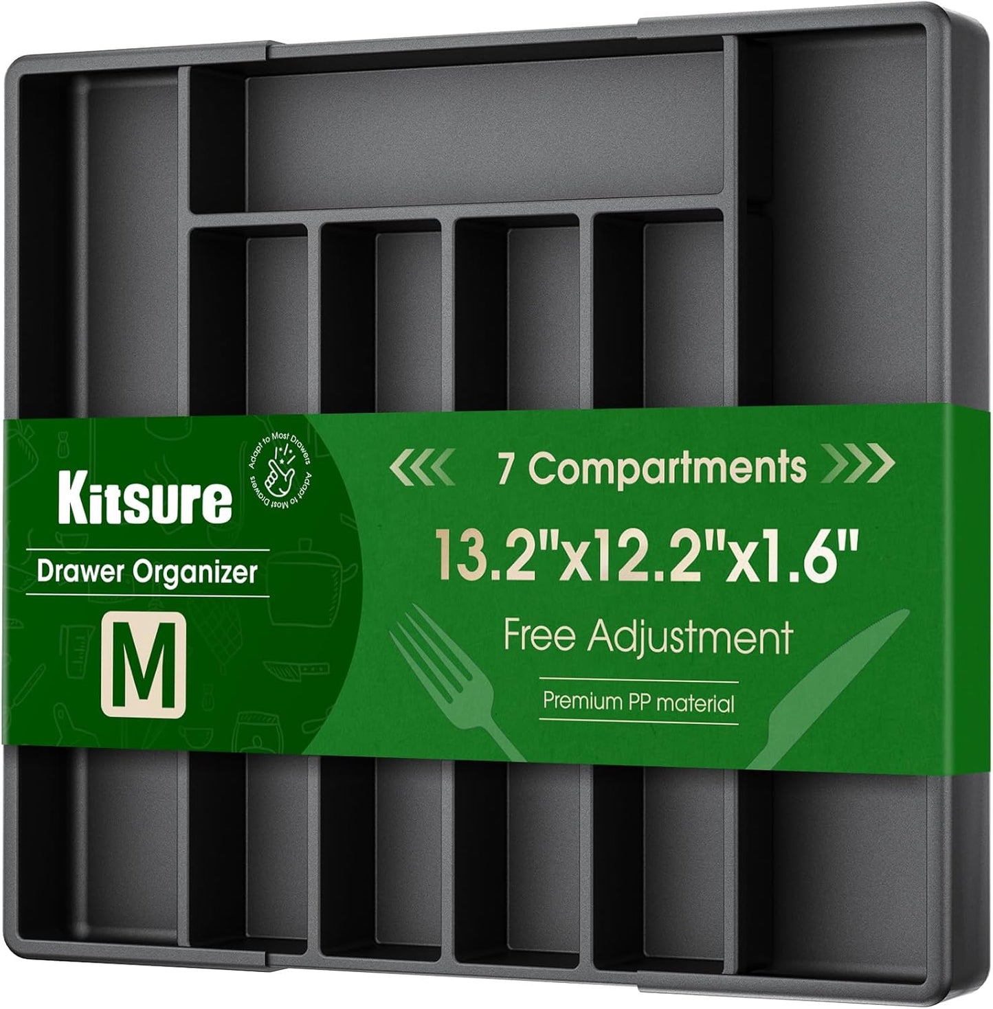 Silverware Organizer for Drawers - Expandable Cutlery and Utensil Drawer Organizer with Easy Maintenance, Premium PP Kitchen Organizers and Storage for Flatware, Black, 13.2" x 12.2" x 1.6"