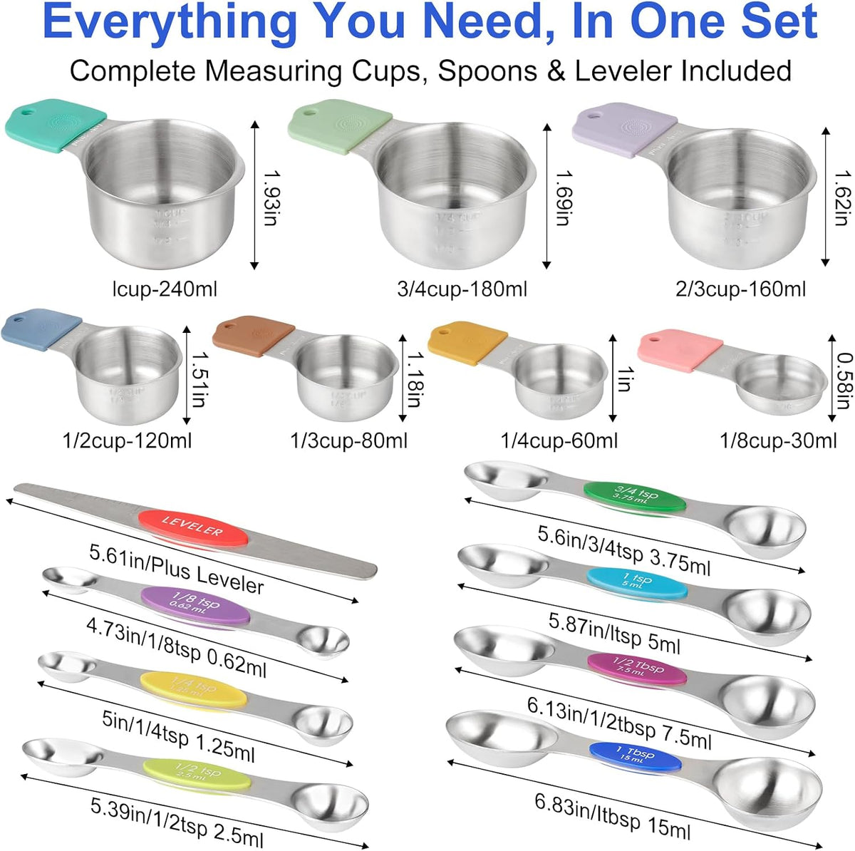 Magnetic Measuring Cups and Spoons Set-Heavy Duty 304 Stainless Steel Cups