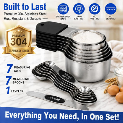 Magnetic Measuring Cups and Spoons Set-Heavy Duty 304 Stainless Steel Cups