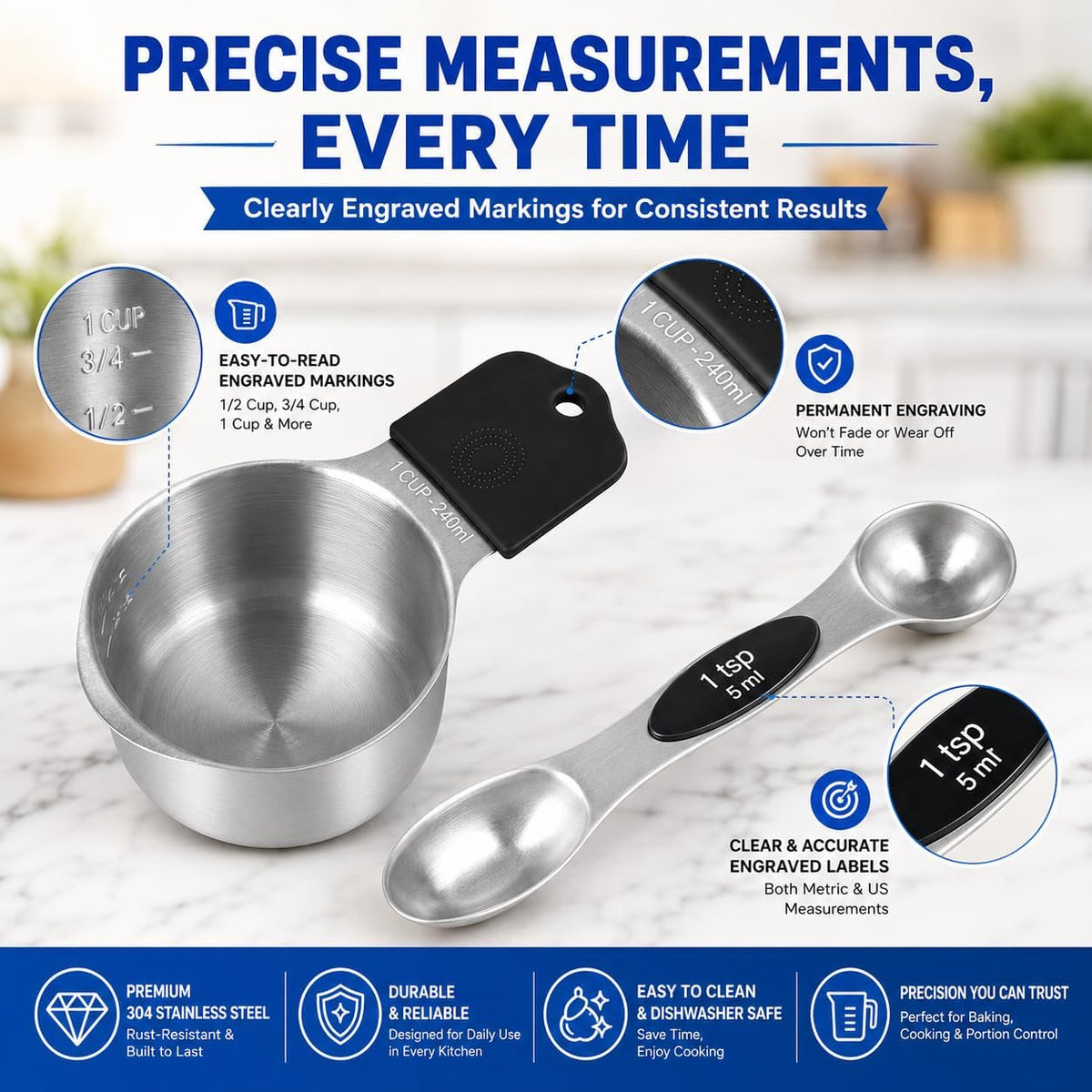 Magnetic Measuring Cups and Spoons Set-Heavy Duty 304 Stainless Steel Cups