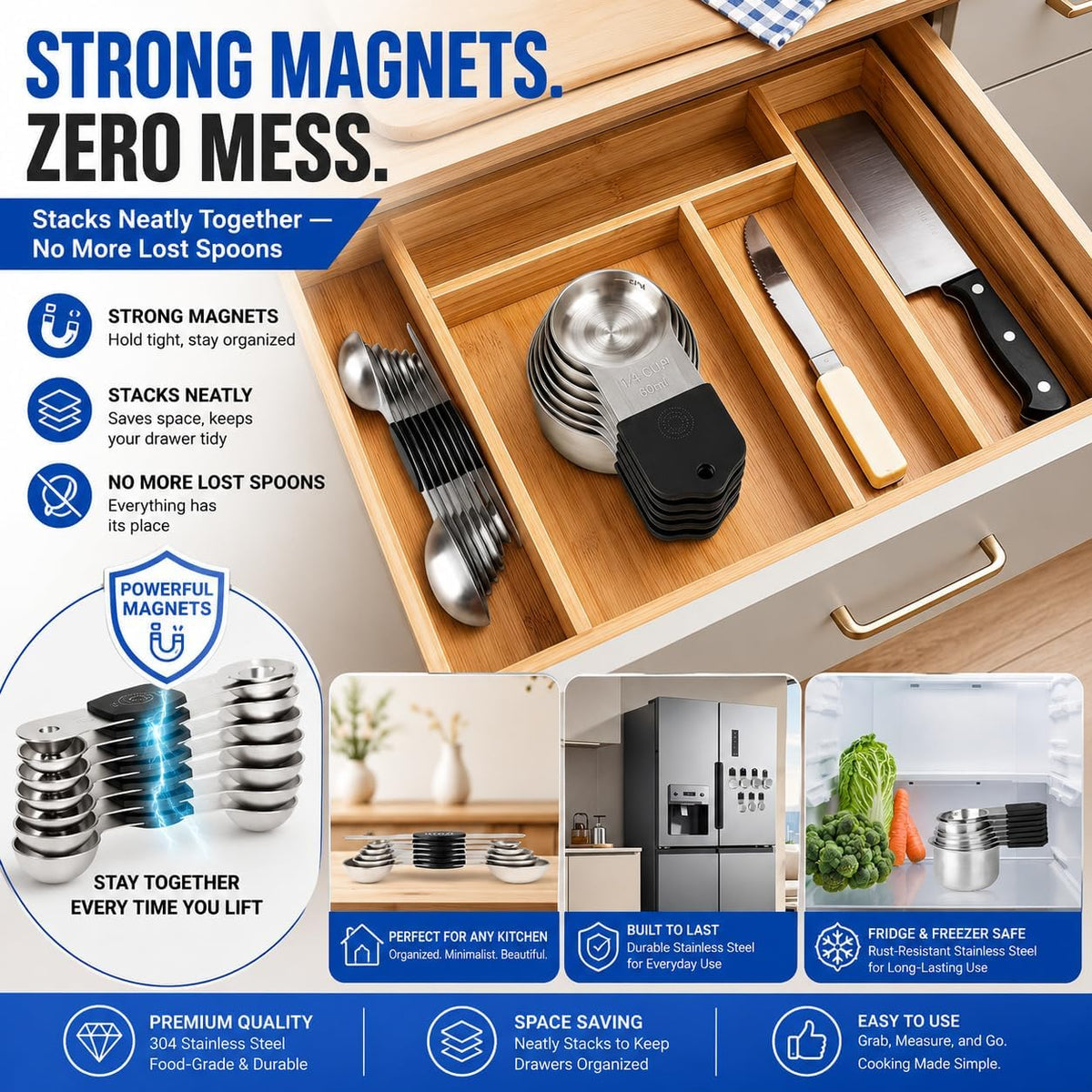 Magnetic Measuring Cups and Spoons Set-Heavy Duty 304 Stainless Steel Cups