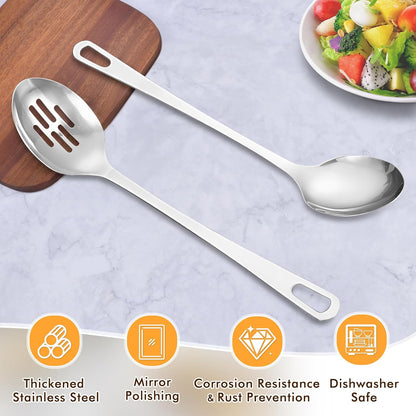 2 Pcs Stainless Steel Cooking Spoons Set, Solid & Slotted Metal Serving Spoons, Heavy Duty Sturdy Large Soup Ladle, High Heat Resistant Kitchen Cooking Utensils for Mixing, Stirring, Easy to Clean