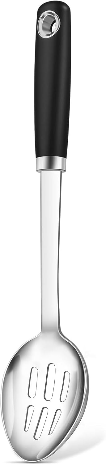 2 Pcs Stainless Steel Cooking Spoons Set, Solid & Slotted Metal Serving Spoons, Heavy Duty Sturdy Large Soup Ladle, High Heat Resistant Kitchen Cooking Utensils for Mixing, Stirring, Easy to Clean