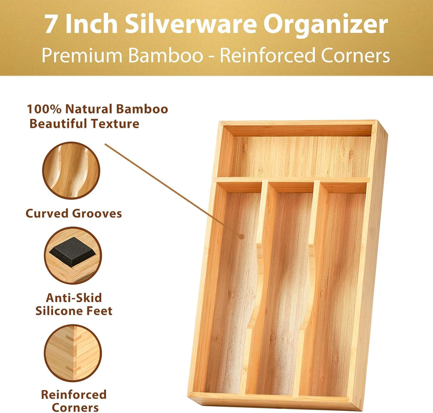Bamboo Kitchen Drawer Organizer, 7 Inch Silverware Utensils Tray Holder for Small Drawer, Wood Caddy for Flatware Cutlery Knives