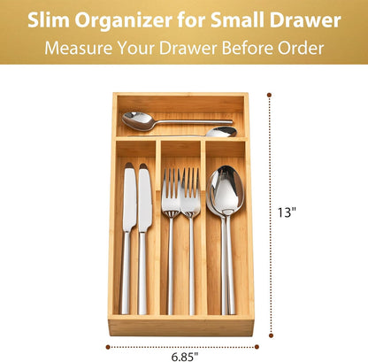 Bamboo Kitchen Drawer Organizer, 7 Inch Silverware Utensils Tray Holder for Small Drawer, Wood Caddy for Flatware Cutlery Knives