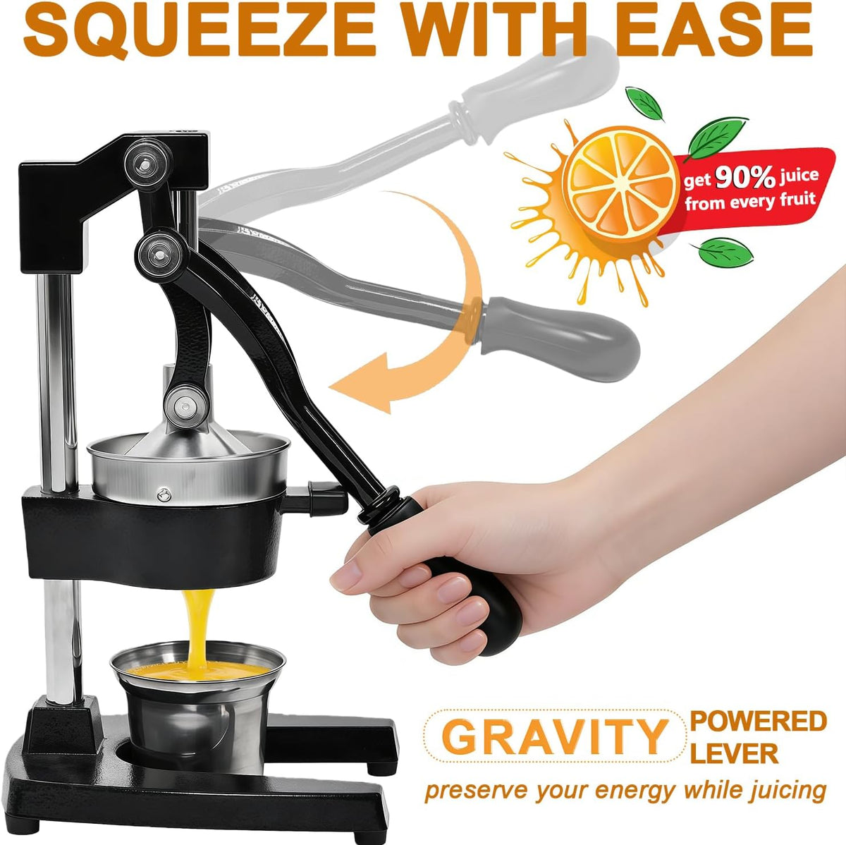 Manual Hand Press,Extra Large Commercial Grade Cast Iron Citrus Juicer with Stainless Steel Cup, Heavy‑Duty Manual Juicer Press,Orange Crush Machine,Orange Juicer Squeezer,Easy Clean,Black