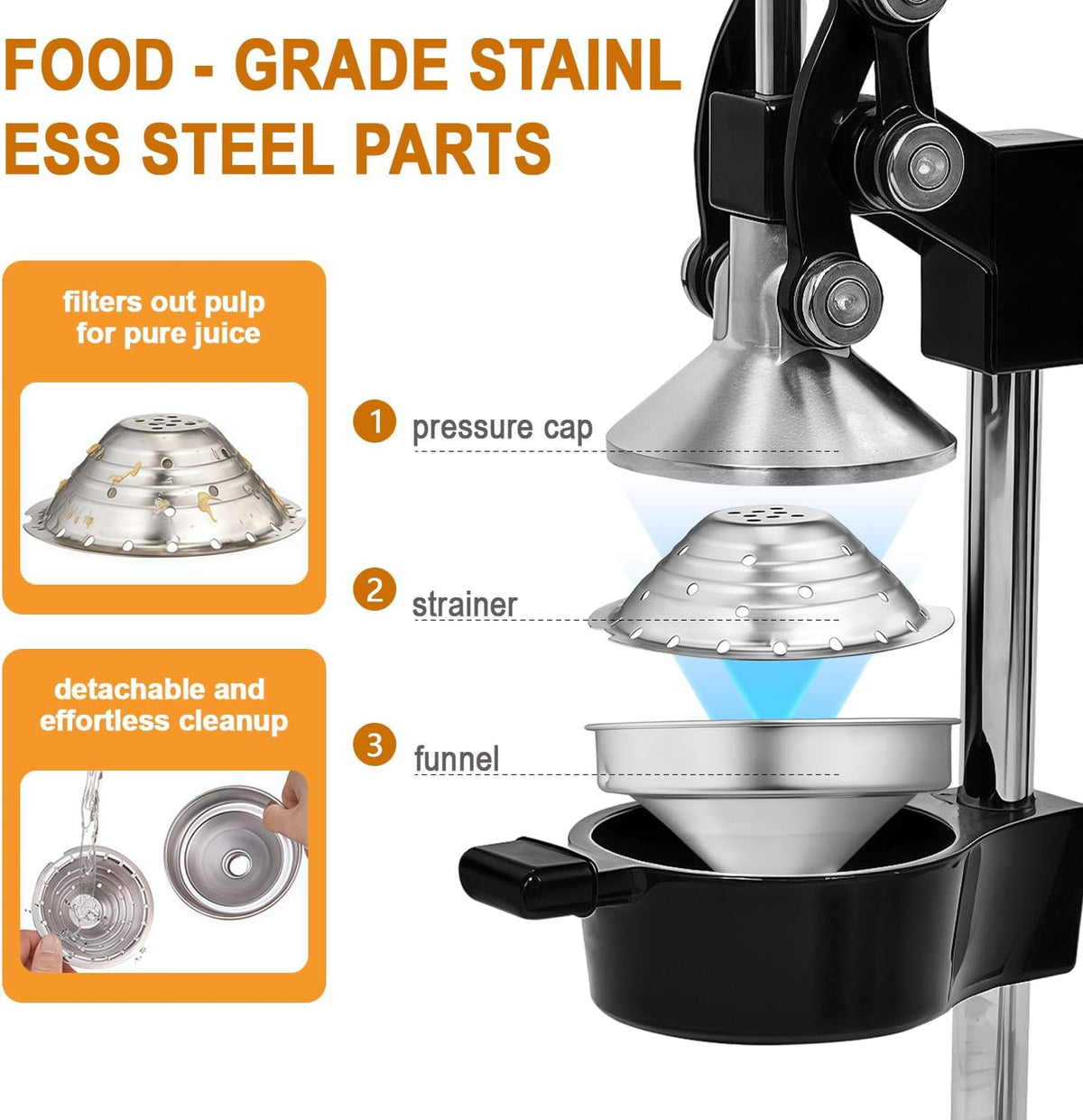 Manual Hand Press,Extra Large Commercial Grade Cast Iron Citrus Juicer with Stainless Steel Cup, Heavy‑Duty Manual Juicer Press,Orange Crush Machine,Orange Juicer Squeezer,Easy Clean,Black