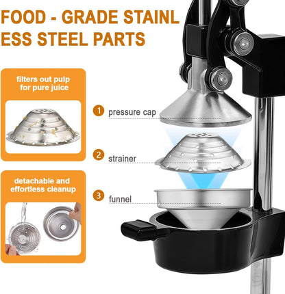Manual Hand Press,Extra Large Commercial Grade Cast Iron Citrus Juicer with Stainless Steel Cup, Heavy‑Duty Manual Juicer Press,Orange Crush Machine,Orange Juicer Squeezer,Easy Clean,Black