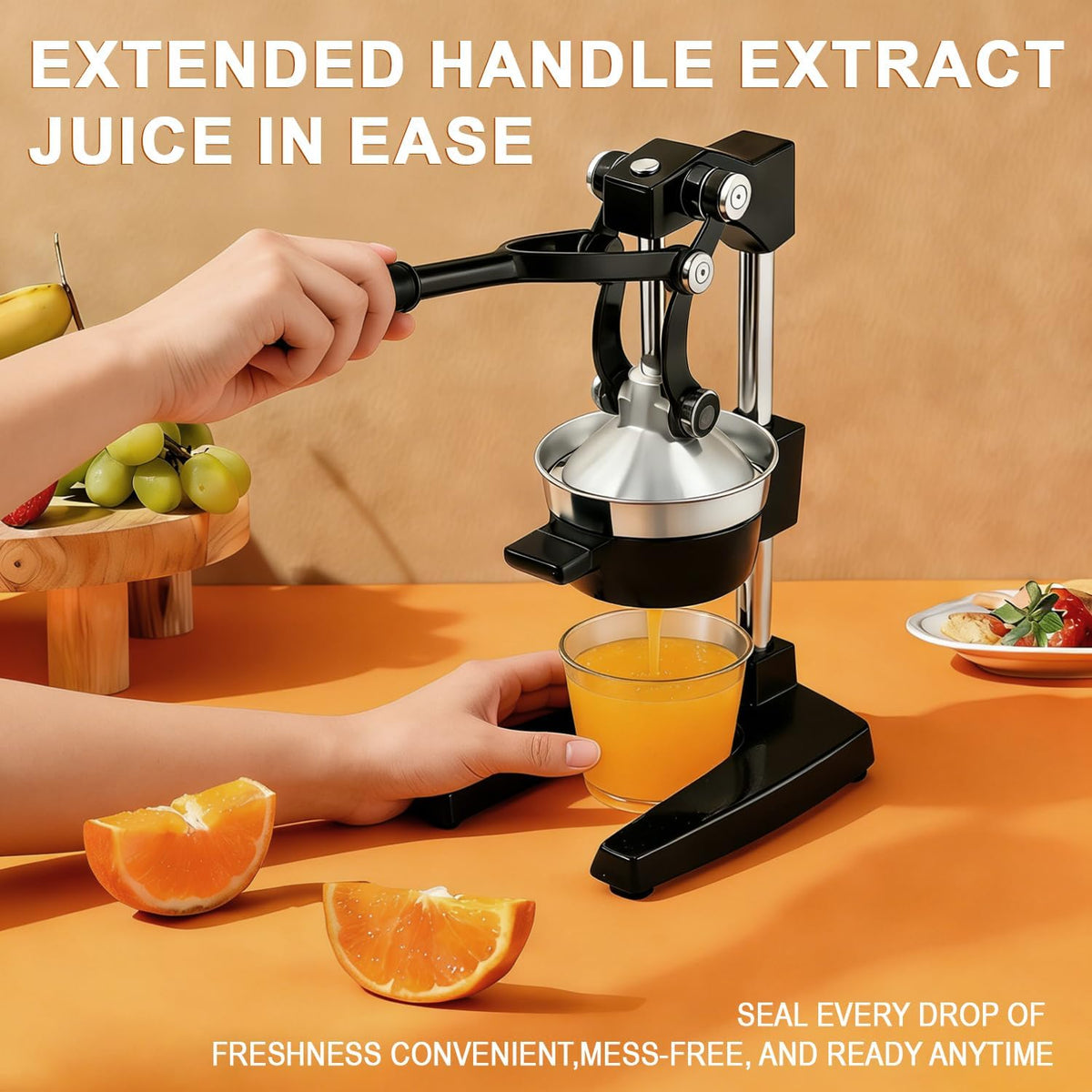 Manual Hand Press,Extra Large Commercial Grade Cast Iron Citrus Juicer with Stainless Steel Cup, Heavy‑Duty Manual Juicer Press,Orange Crush Machine,Orange Juicer Squeezer,Easy Clean,Black
