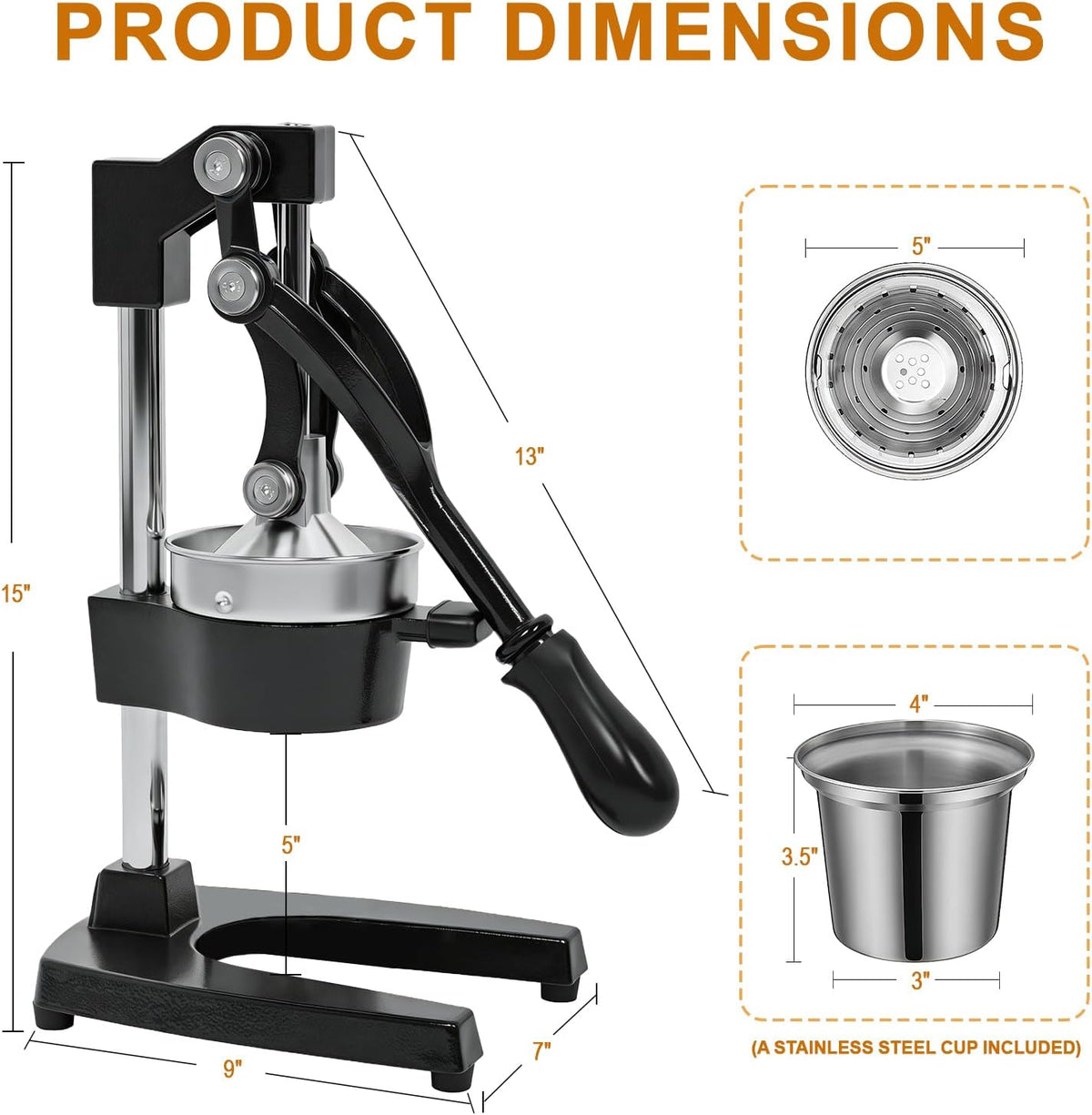 Manual Hand Press,Extra Large Commercial Grade Cast Iron Citrus Juicer with Stainless Steel Cup, Heavy‑Duty Manual Juicer Press,Orange Crush Machine,Orange Juicer Squeezer,Easy Clean,Black