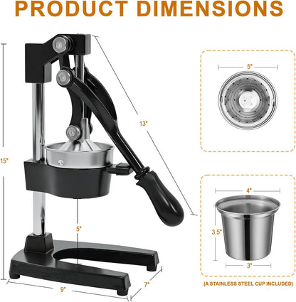 Manual Hand Press,Extra Large Commercial Grade Cast Iron Citrus Juicer with Stainless Steel Cup, Heavy‑Duty Manual Juicer Press,Orange Crush Machine,Orange Juicer Squeezer,Easy Clean,Black
