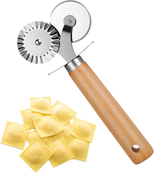 Pasta Wheel Cutter, Double Fluted Pastry Cutter Wheel,Double-Blade Ravioli Cutters,Stainless Steel Double Roller Dough Cutters with Wooden Handle for Pizza,Ravioli,Cookies