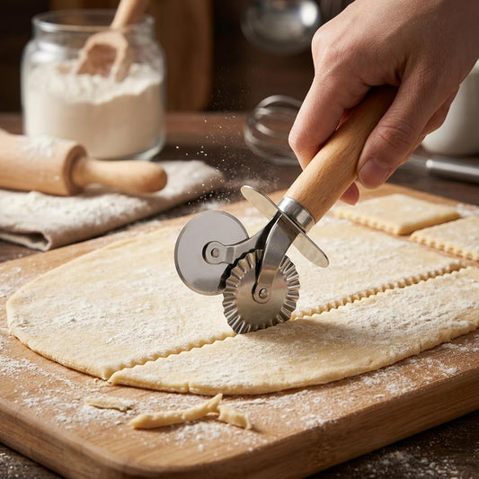 Pasta Wheel Cutter, Double Fluted Pastry Cutter Wheel,Double-Blade Ravioli Cutters,Stainless Steel Double Roller Dough Cutters with Wooden Handle for Pizza,Ravioli,Cookies