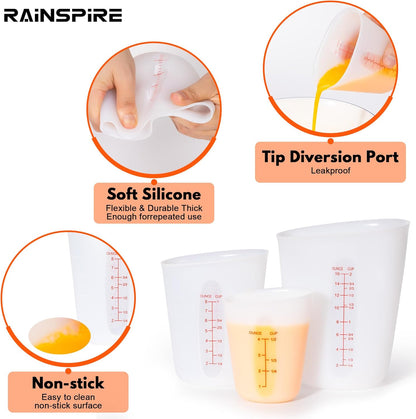 Upgraded 3 Piece Silicone Measuring Cup Sets Squeeze & Pour Liquid Measuring Cups Flexible Chocolate Melting Cup Baking Supplies Chef Gifts