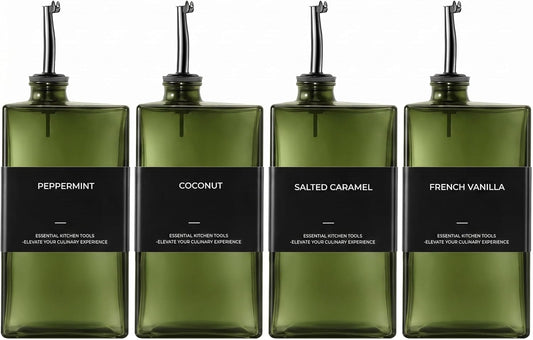 Olive Oil Dispenser Bottle For Kitchen, 17OZ UV-Blocking Oil And Vinegar Dispenser Set Of 4, Soy Sauce Cooking Oil Dispenser with 4 Stainless Steel Pourers & 44 Labels
