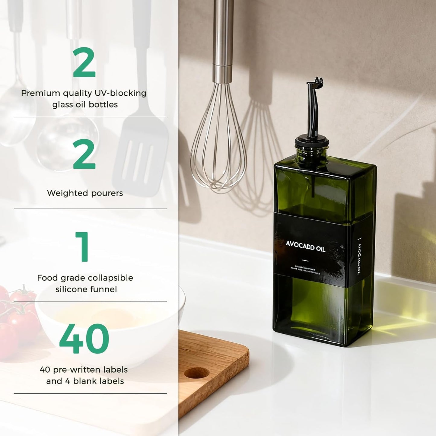 Olive Oil Dispenser Bottle For Kitchen, 17OZ UV-Blocking Oil And Vinegar Dispenser Set Of 4, Soy Sauce Cooking Oil Dispenser with 4 Stainless Steel Pourers & 44 Labels