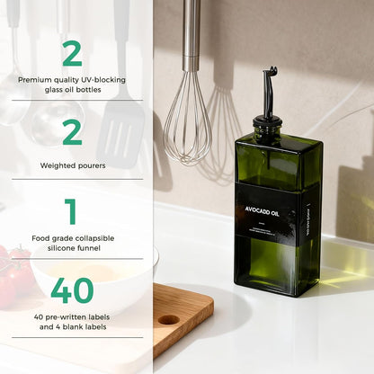 Olive Oil Dispenser Bottle For Kitchen, 17OZ UV-Blocking Oil And Vinegar Dispenser Set Of 4, Soy Sauce Cooking Oil Dispenser with 4 Stainless Steel Pourers & 44 Labels