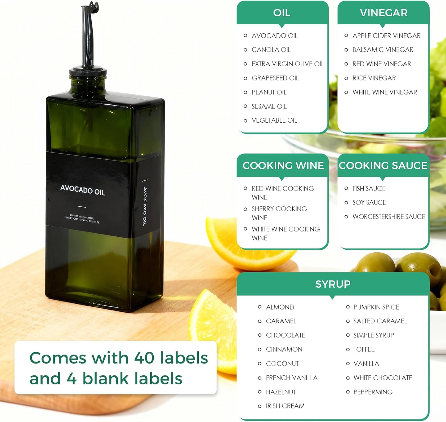 Olive Oil Dispenser Bottle For Kitchen, 17OZ UV-Blocking Oil And Vinegar Dispenser Set Of 4, Soy Sauce Cooking Oil Dispenser with 4 Stainless Steel Pourers & 44 Labels