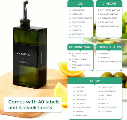 Olive Oil Dispenser Bottle For Kitchen, 17OZ UV-Blocking Oil And Vinegar Dispenser Set Of 4, Soy Sauce Cooking Oil Dispenser with 4 Stainless Steel Pourers & 44 Labels