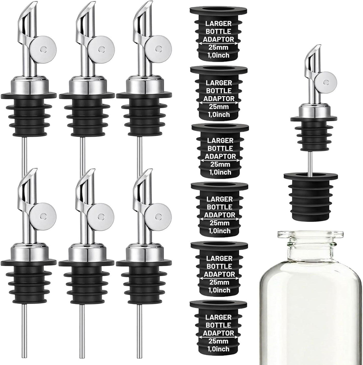 3 Pack Olive Oil Pour Spout with Adapters, Oils Pourer for Olive Oil Dispenser Bottle, Easily Turn Your Bottles into Dispensers for Liquor, Vinegar, Oils, Syrup, Liquor Bottle Pourers, Silver
