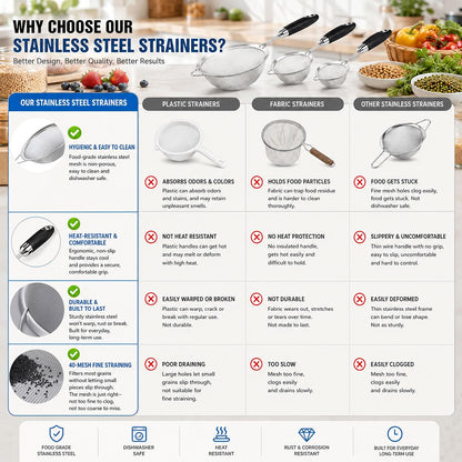 304 Stainless Steel Fine Mesh Strainer Set, 3 Sizes, 30 Mesh