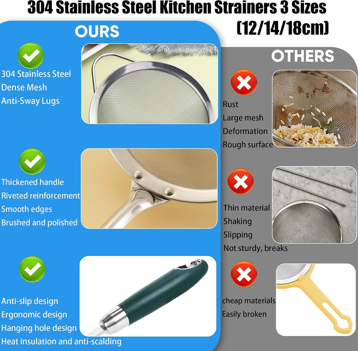 304 Stainless Steel Fine Mesh Strainer Set, 3 Sizes, 30 Mesh
