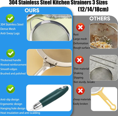 304 Stainless Steel Fine Mesh Strainer Set, 3 Sizes, 30 Mesh