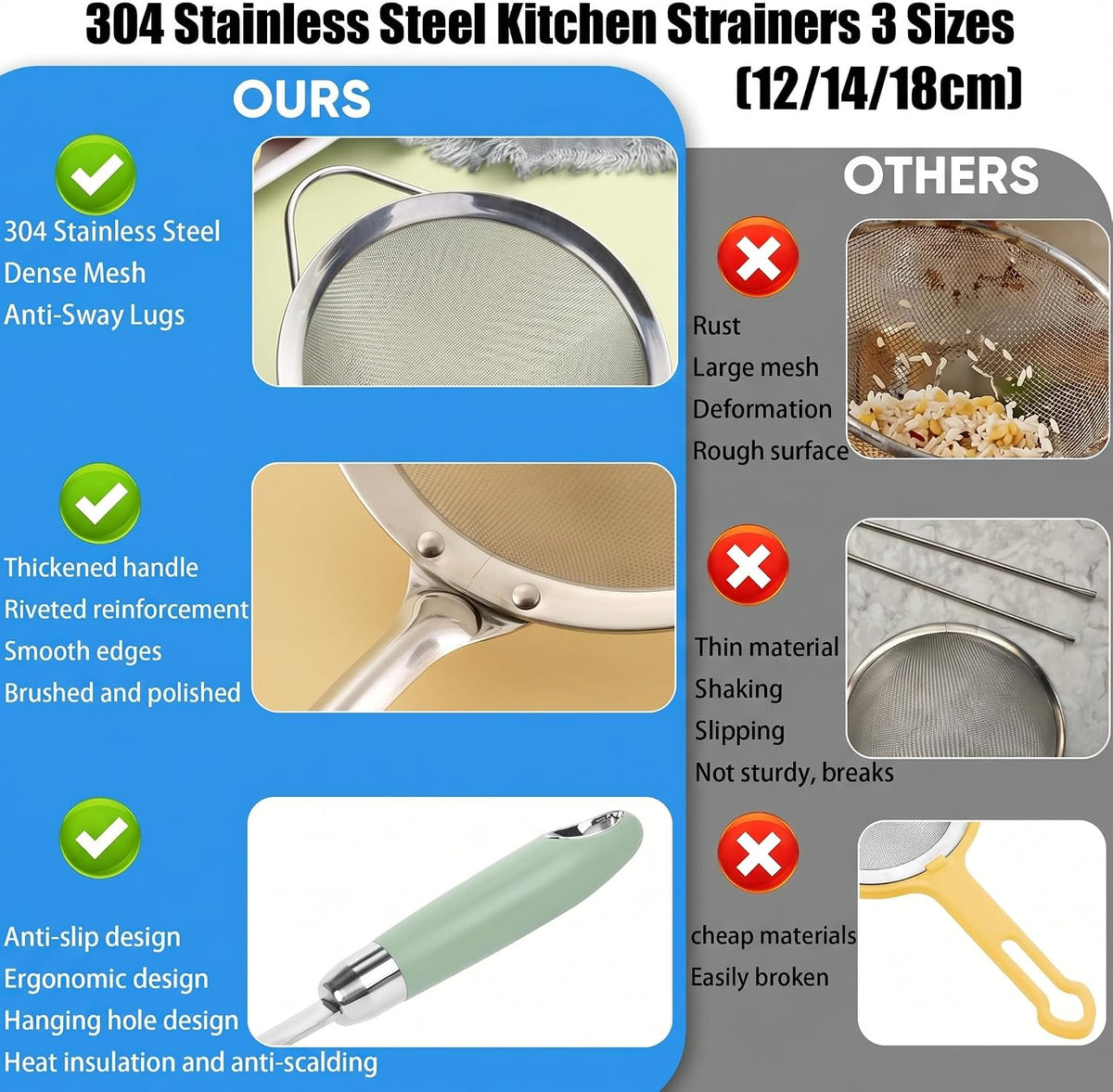 304 Stainless Steel Fine Mesh Strainer Set, 3 Sizes, 30 Mesh
