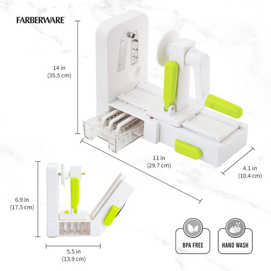Professional Foldable Fruit And Vegetable Spiralizer Slicer Easy Store Fold And Lock With 4 Blades And Built In Blade Storage Caddy, White