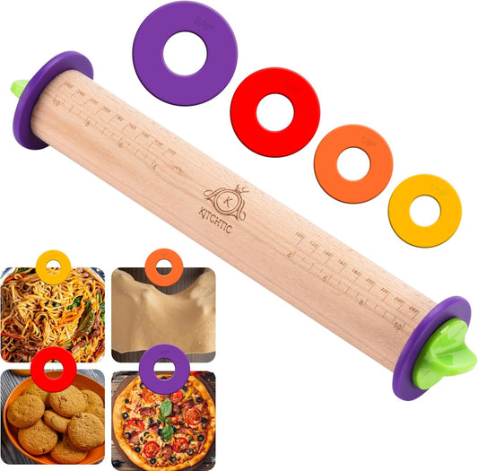 Rolling Pin with Thickness Rings - Adjustable Wooden Rolling Pin - Baking Essential and Roller Tool - Consistent Thickness - Easy to Clean - Beechwood Material - 13.7 x 2.75 x 2.75 inches