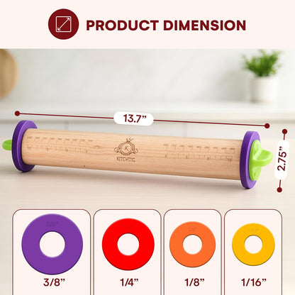 Rolling Pin with Thickness Rings - Adjustable Wooden Rolling Pin - Baking Essential and Roller Tool - Consistent Thickness - Easy to Clean - Beechwood Material - 13.7 x 2.75 x 2.75 inches