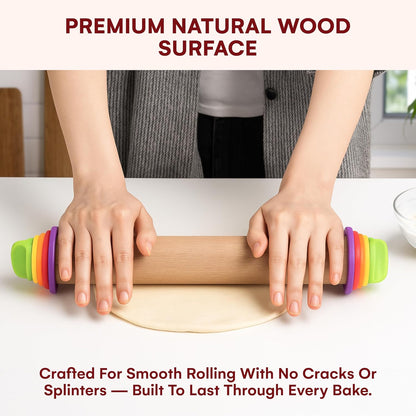 Rolling Pin with Thickness Rings - Adjustable Wooden Rolling Pin - Baking Essential and Roller Tool - Consistent Thickness - Easy to Clean - Beechwood Material - 13.7 x 2.75 x 2.75 inches