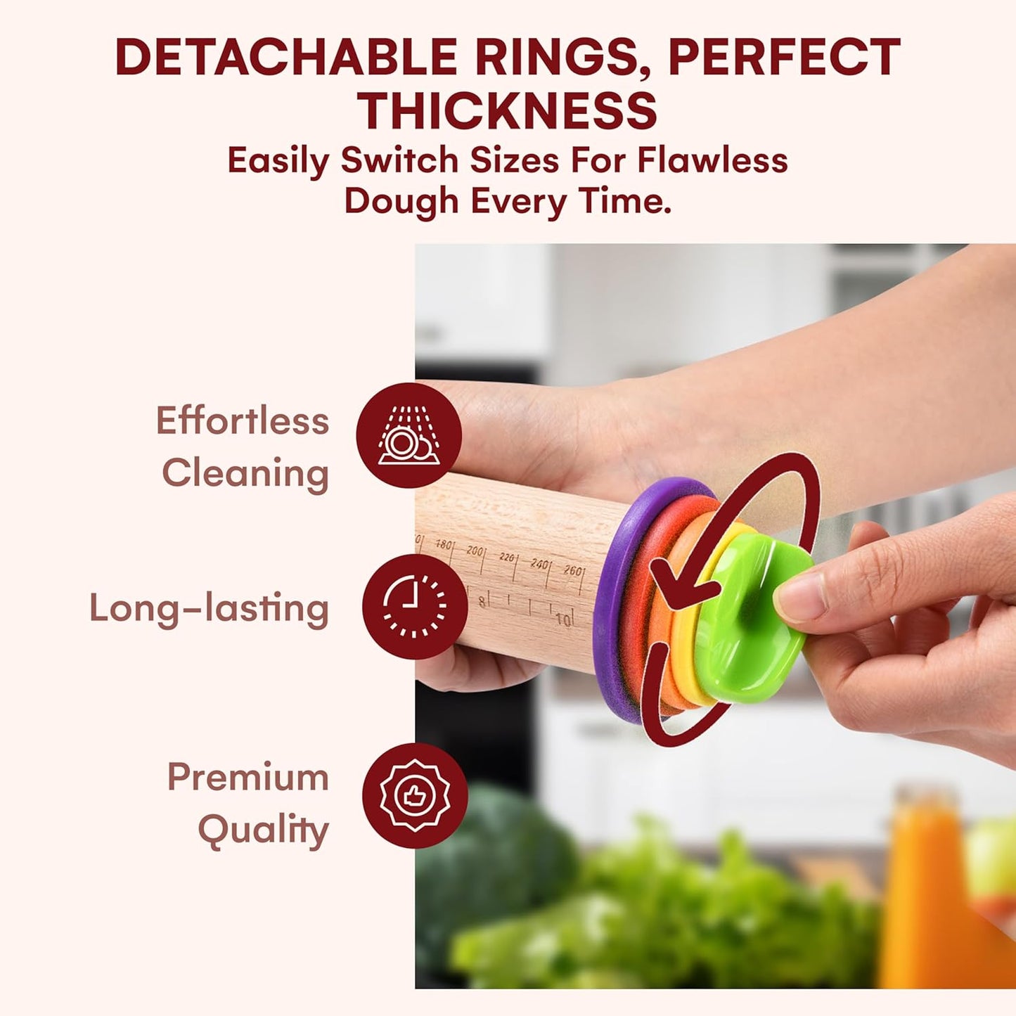 Rolling Pin with Thickness Rings - Adjustable Wooden Rolling Pin - Baking Essential and Roller Tool - Consistent Thickness - Easy to Clean - Beechwood Material - 13.7 x 2.75 x 2.75 inches