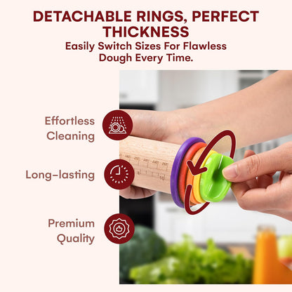 Rolling Pin with Thickness Rings - Adjustable Wooden Rolling Pin - Baking Essential and Roller Tool - Consistent Thickness - Easy to Clean - Beechwood Material - 13.7 x 2.75 x 2.75 inches